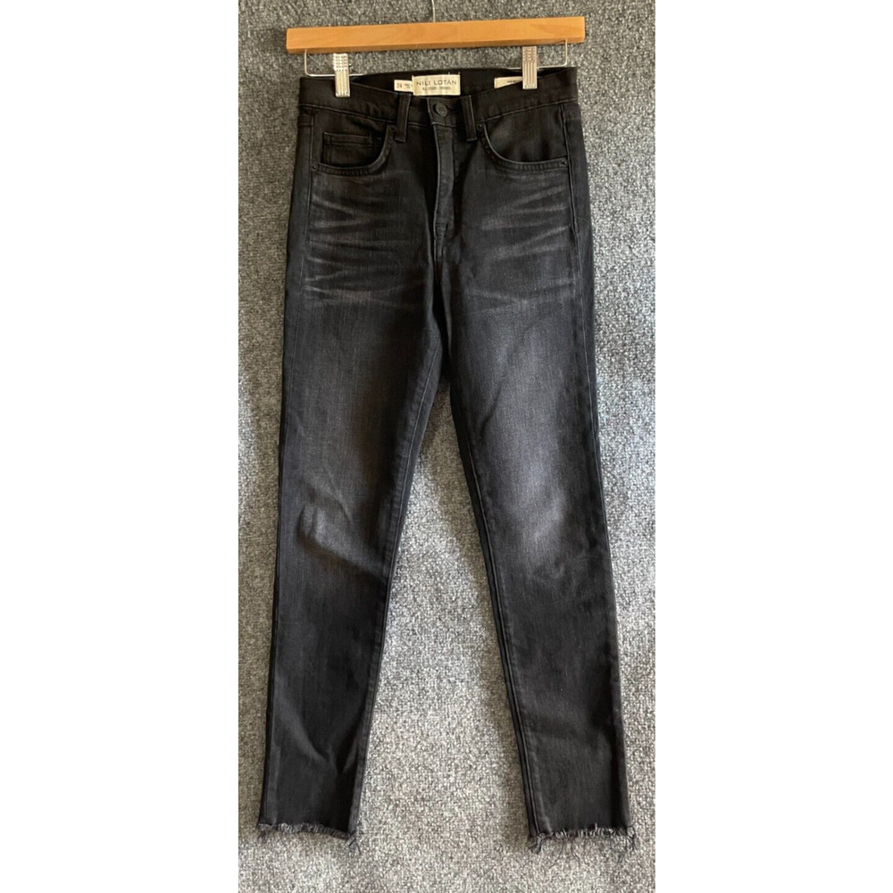 Nili Lotan High Waisted Skinny Black Jeans Sz 24 Basalt Wash Raw Frayed Hem